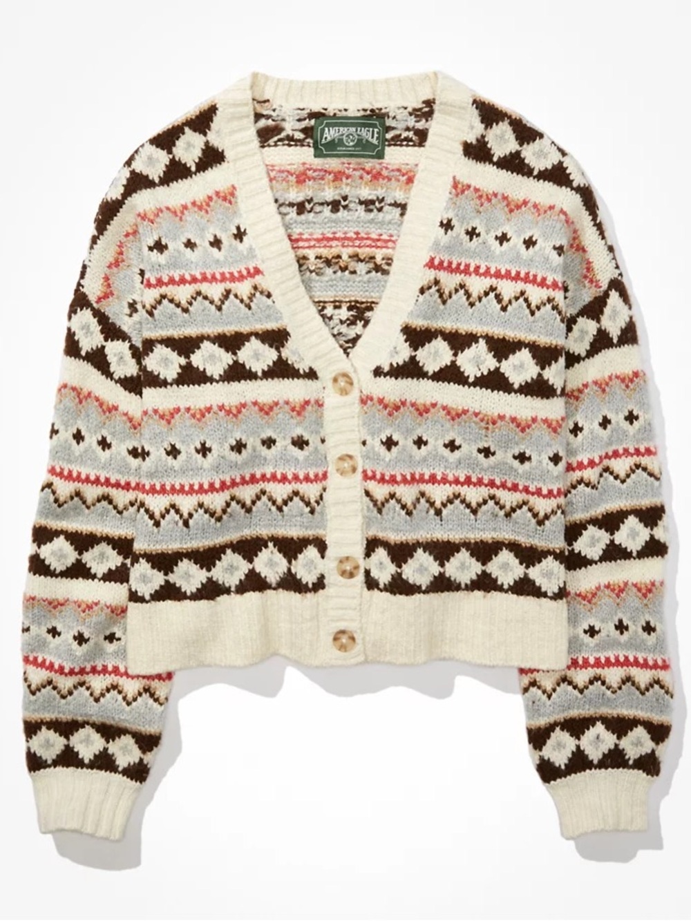 American Eagle Cream Fair Isle Button-Front Cardigan with Brown and Red Accents